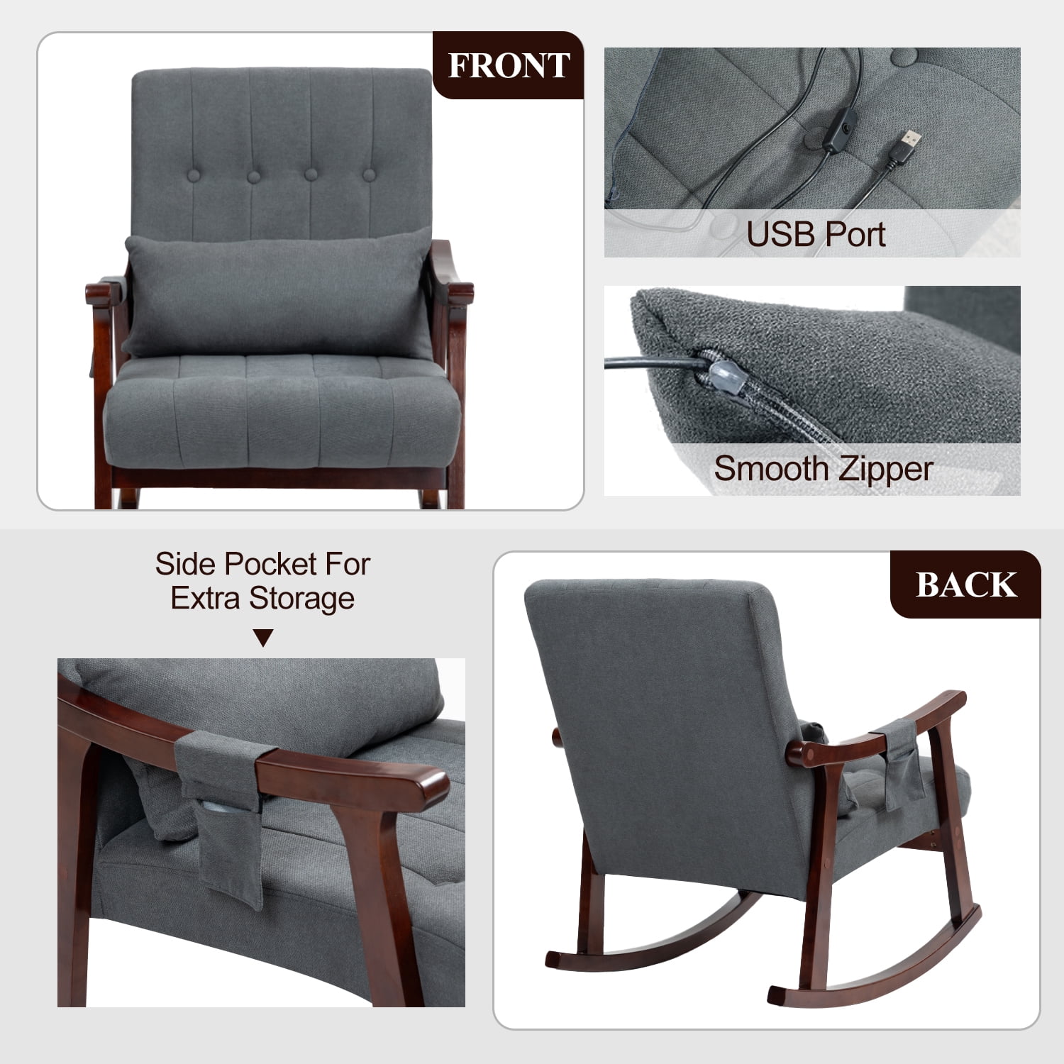 Rocking Chair with Massage Lumbar Support,Upholstered Glider Chair with Side Pocket, Nursery Rocker with High Backrest,Rubber Wood Legs, Rocking Accent Armchair for Living Room Bedroom Nursery