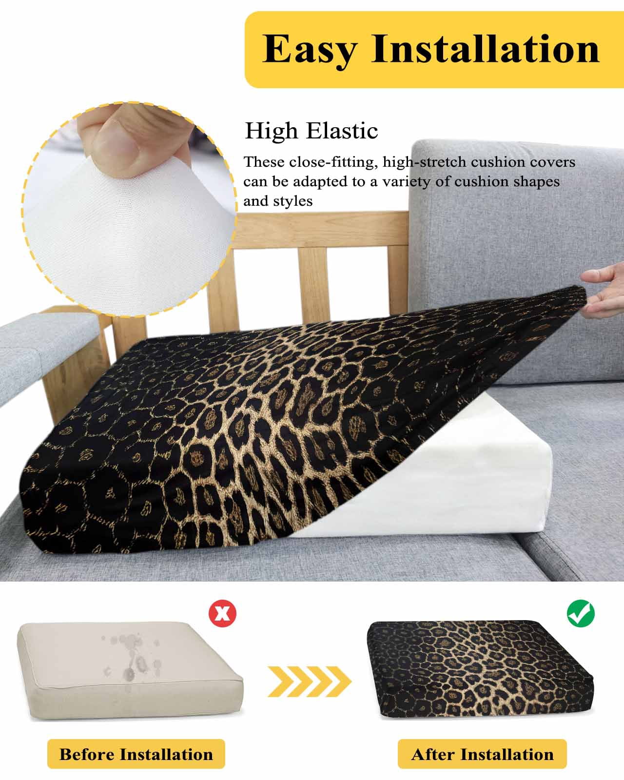 Leopard Print Couch Cushion Covers,Stretch Seat Cushion Covers for Sectional Sofa,Chic Abstract Black Brown Animals Texture Individual Sofa&nbsp;Slipcovers Furniture Protector Elastic Straps 1Pcs,S
