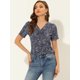 thumbnail image 3 of Blusa estampada transpirable Allegra K con cuello en V y pajarita Azul marino XS, 3 of 5