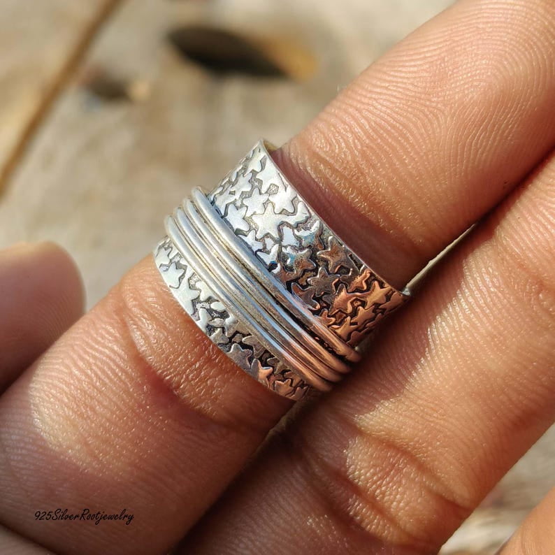 TRIDHA SILVER- Silver Spinner Ring - Celestial Star Anxiety Relief Band | 925 Sterling Silver Boho Wide Cosmic Jewelry Meditation Fidget Spinner