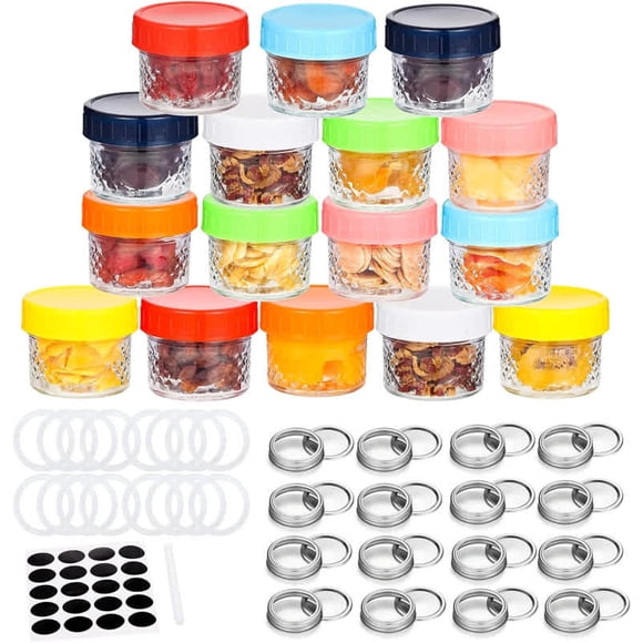 Ourlova 4oz Glass Jam Jars, Mason Canning Jars With Regular Lids and Bands, Food Grade Safe For Storage, Canning, Pickling, Preserving, Fermenting, DIY Crafts & Decor 16 Pack, Extra 16 Lids