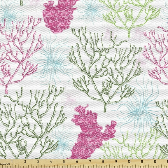 Coral Sofa Upholstery Fabric by the Yard, Colorful Design Repetitive Underwater Seaweeds, Decorative Fabric for DIY & Home Accents, 2 Yards, Pink Multicolor by Ambesonne
