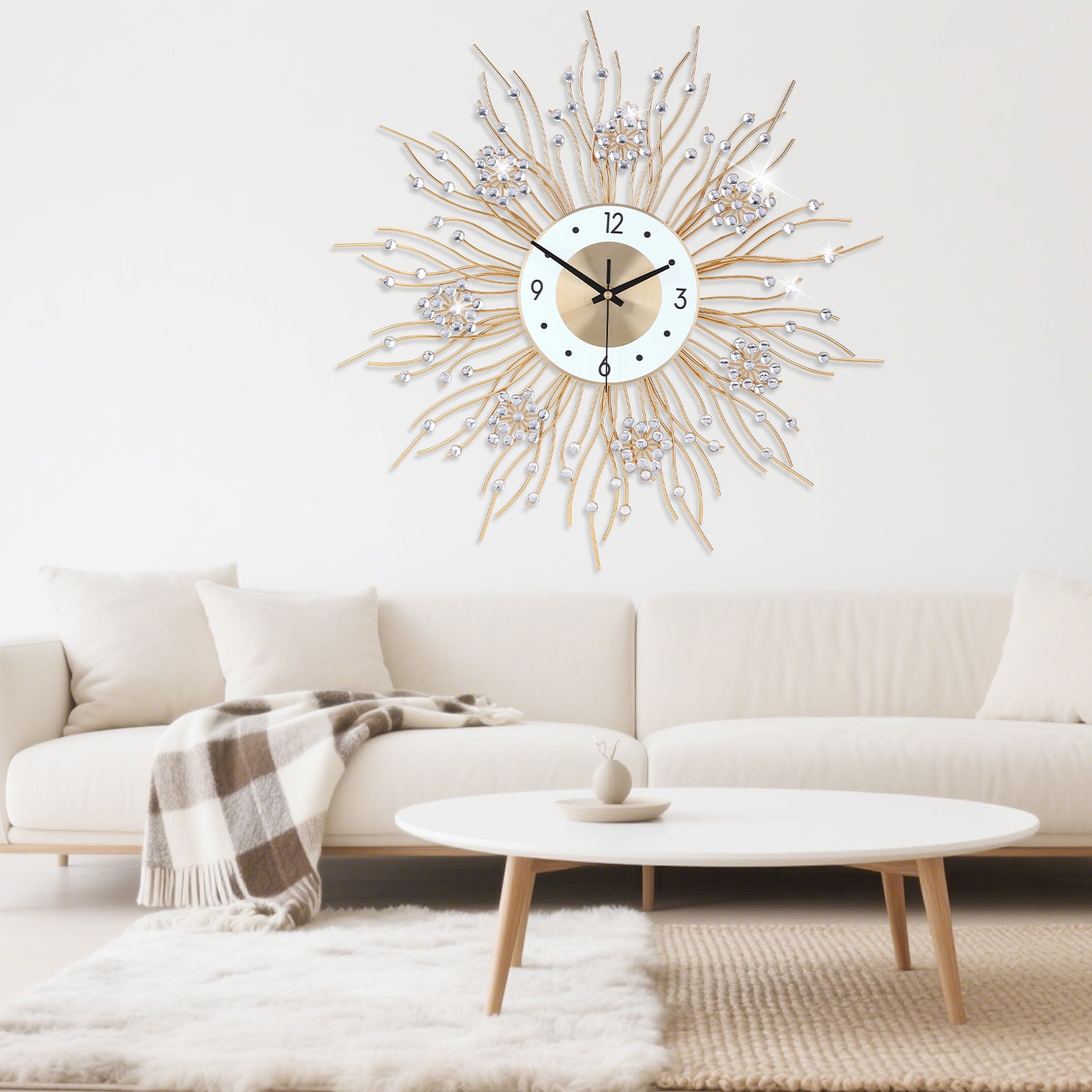 Luxury Sunburst Wall Clock with Crystal Accents - Christmas & New Year Modern Decor for Living Room, Bedroom, Office
