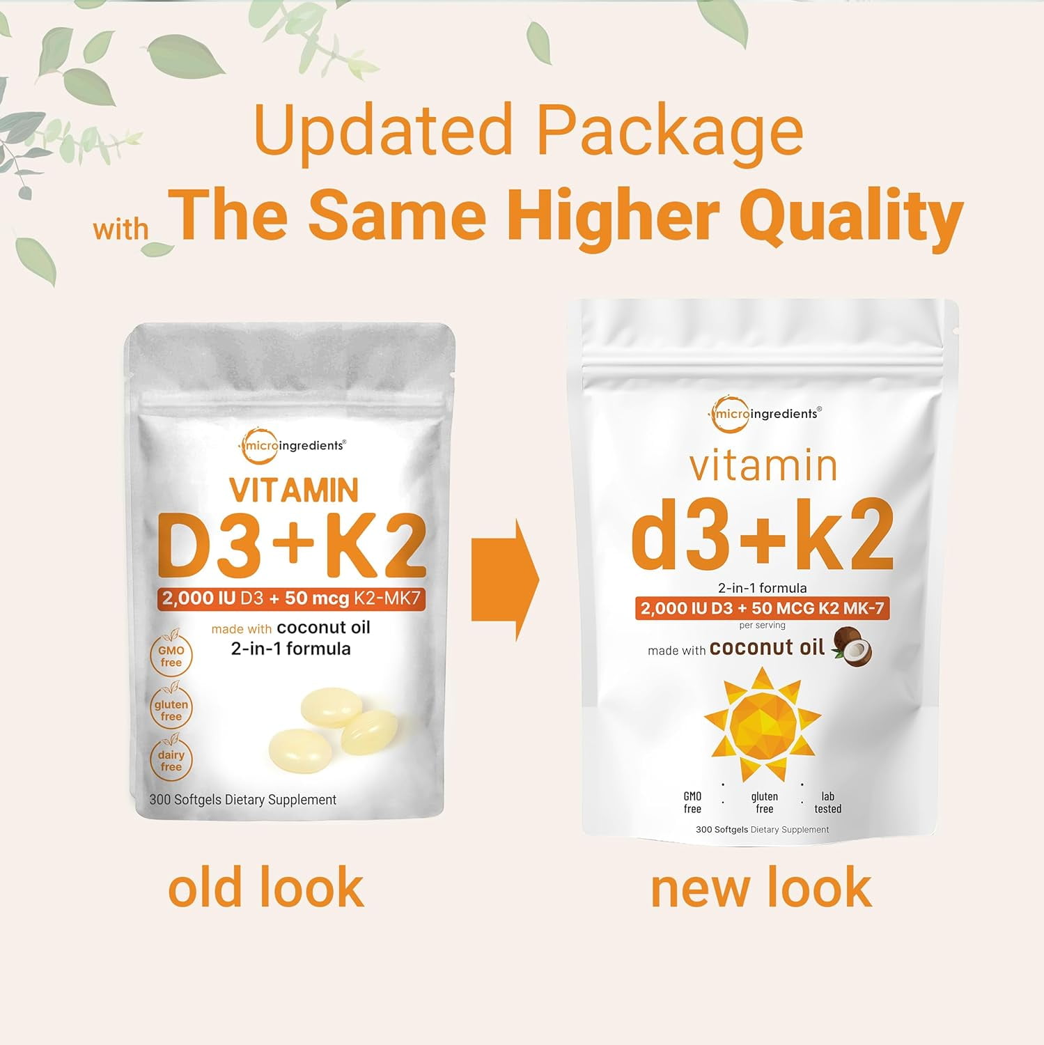 Micro Ingredients Vitamin D3 2,000 IU + K2 MK-7 50 mcg, 300 Virgin Coconut Oil Softgels | 2-in-1 Bone, Immune & Heart Support