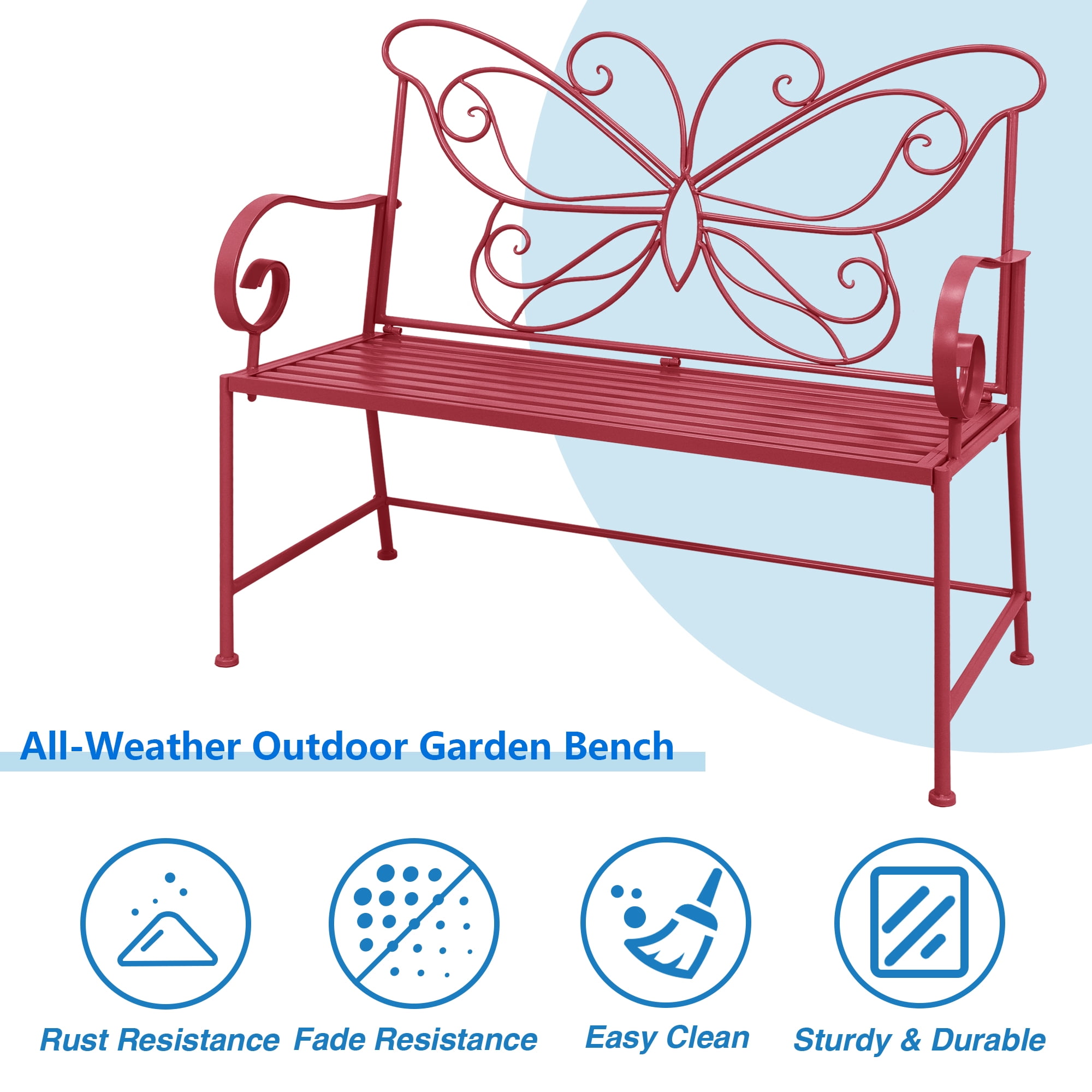 Abble 42" Outdoor Bench Metal Butterfly Design Patio Garden Bench for Porch Yard Lawn Patio Bench,  Red