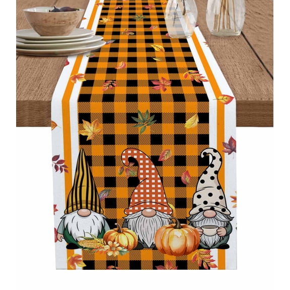 ERUNPONLY Fall Table Runner - 72 Inch Long Gnomes Orange White Pumpkin Leaves Plaid Striped Cotton and Linen Blended Dress Scarves Farmhouse Table Runner for Kitchen Dining, Coffee Table, 16"x72"