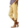 thumbnail image 2 of Cagogo Women Striped Capri Pants Mid Rise Flowy Casual Loose Elastic Waist Lounge Cropped Beach Work Trousers Summer Vacation Fashion Clothes, Yellow L, 2 of 8