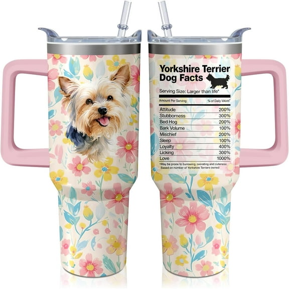 40oz Yorkie Tumbler with Handle and Straw, Cute Dog Stainless Steel Insulated Cup with Lid and Straw, Travel Coffee Mug Water Bottle, Birthday Mothers Day Gifts for Women Men Animal Lovers