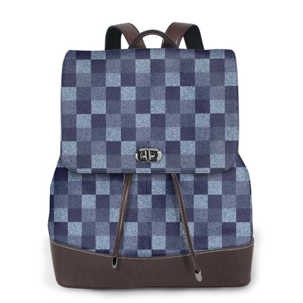 Easygdp Blue Gingham Buffalo Check Mochila de Cuero para Mujeres, Bolso de Hombro, Bolsos de Mano de Moda para Trabajo y Viajes