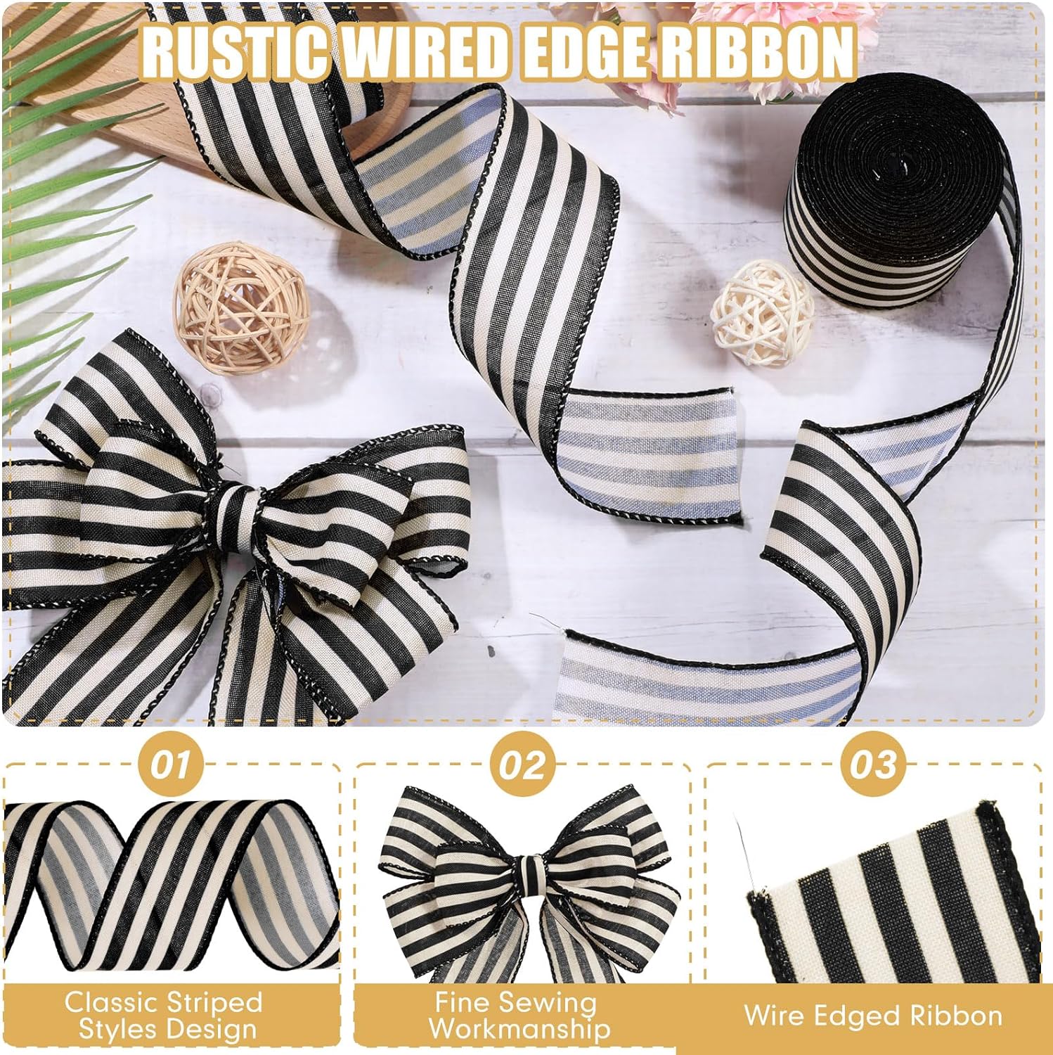 2 Rolls Black and Cream White Stripe Wired Edge Ribbon Halloween Rustic Ivory Boho Black and White Ribbon for Christmas Party Gift Wrapping Bow DIY Craft Home Decor(2.5 Inch, 20 Yard)