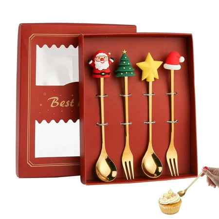 

Sukalun Spoon Christmas 4Pcs Christmas Stainless Steel Coffee Spoons Forks With Gift Box Coffee Spoon Dessert Spoon Fruit Fork Stirring Spoon Wedding Gift Set very well