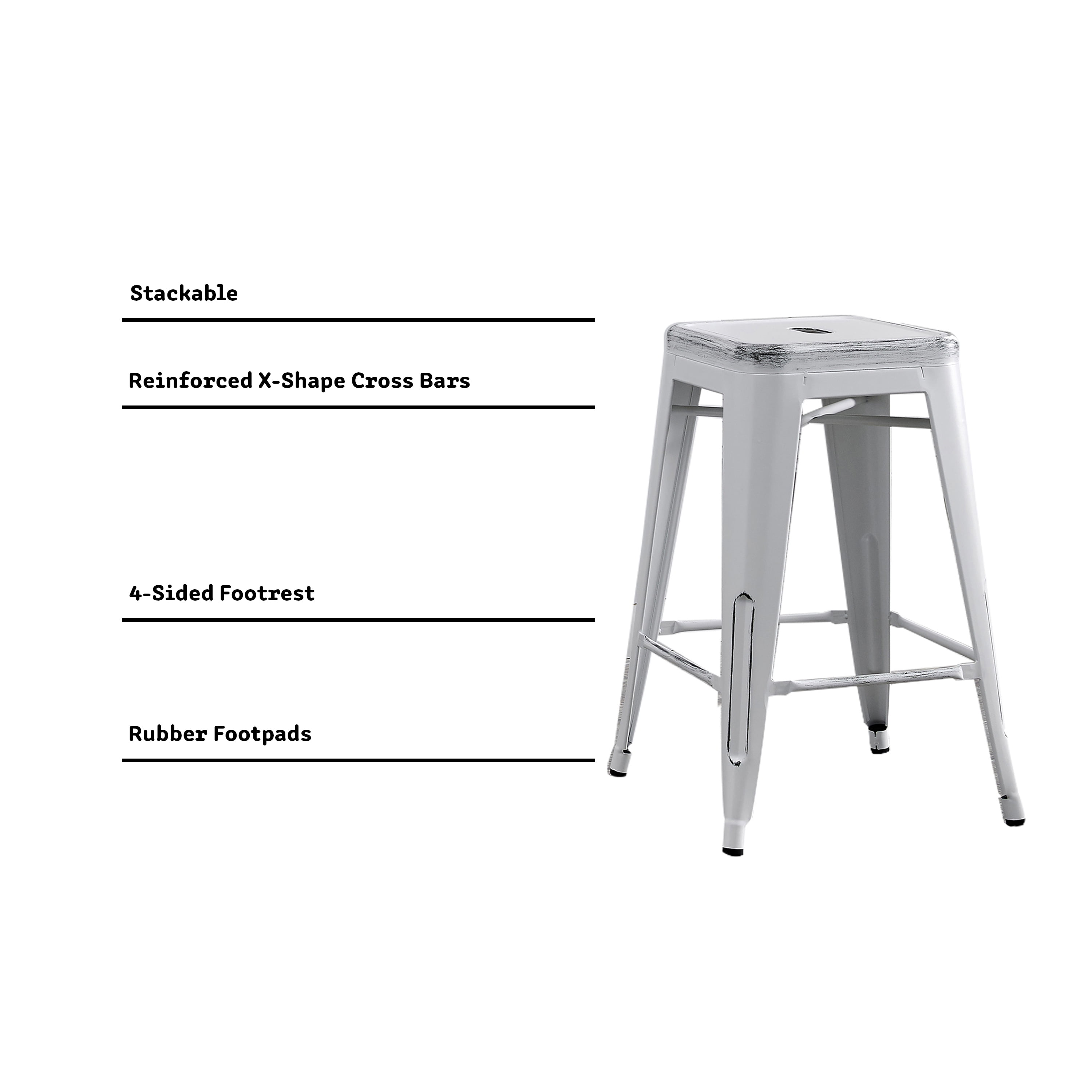 AC Pacific 24” Metal Backless Barstool Set of 2 – Country Rustic Style, Lightweight & Sturdy Build, Easy Assembly – Distressed Matte White