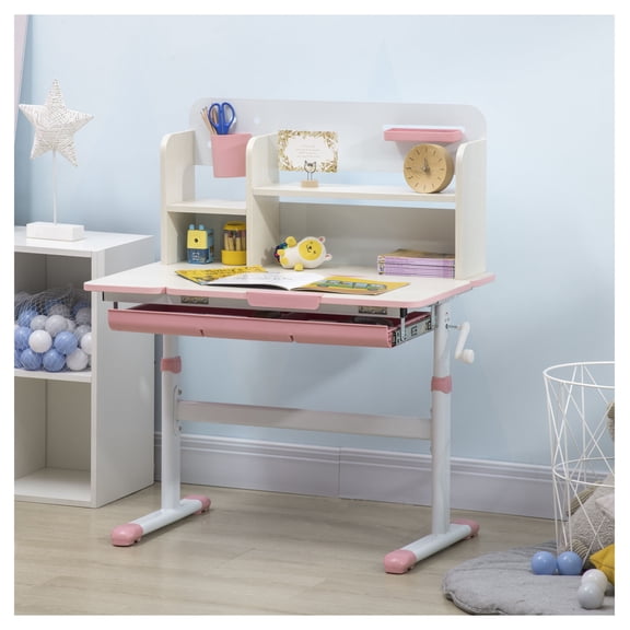 Wooden Study Desk Height Adjustable School Desk Student Writing Table with Tilt Top, Drawer & Storage Shelf, Pink