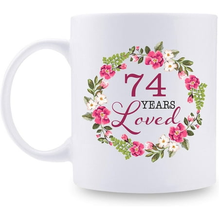 

74th Birthday Gifts for Women 74 Years Loved with A Garland Birthday Mug 74 Year Old Present Ideas for Grandma Mom Daughter Sister Wife Friend Cousin Aunt Coworker 11 oz Coffee Mug