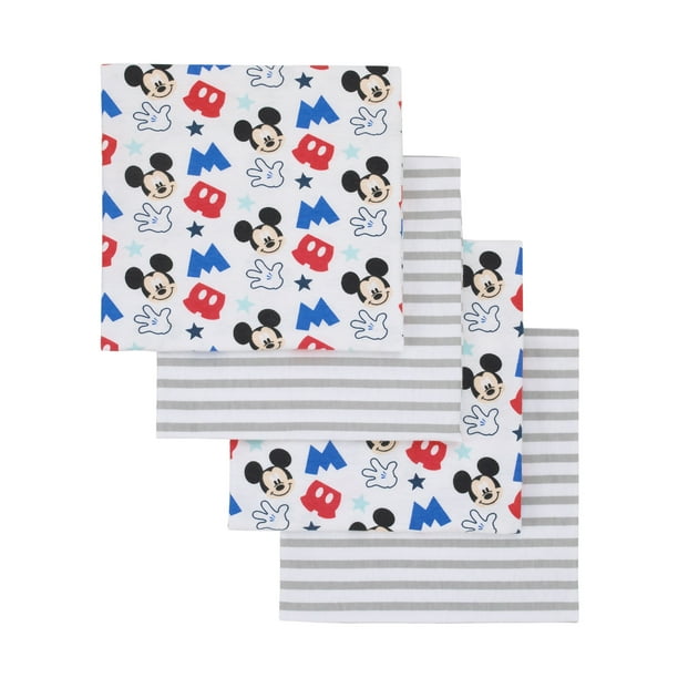 Disney Mickey Mouse Grey, Blue, Red 4 Pack Flannel Receiving Blankets