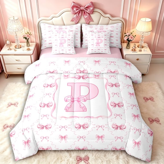 Manfei Romantic Shabby Chic P Personalized Initial Twin Bedding Sets 7-Piece for Girls Teens,Kids Princess Style Bow Knot Plaid Bedding Comforter Set,Pink Reversible,Lightweight Room Decor