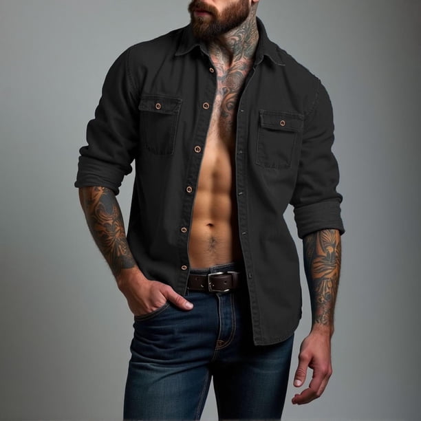 Blusa y camisa de manga larga con cuello vuelto para hombre, camiseta lisa de moda, blusa de manga larga con cuello vuelto, informal, elegante, con estilo, cómoda, con bolsillos, botones y capucha, bl