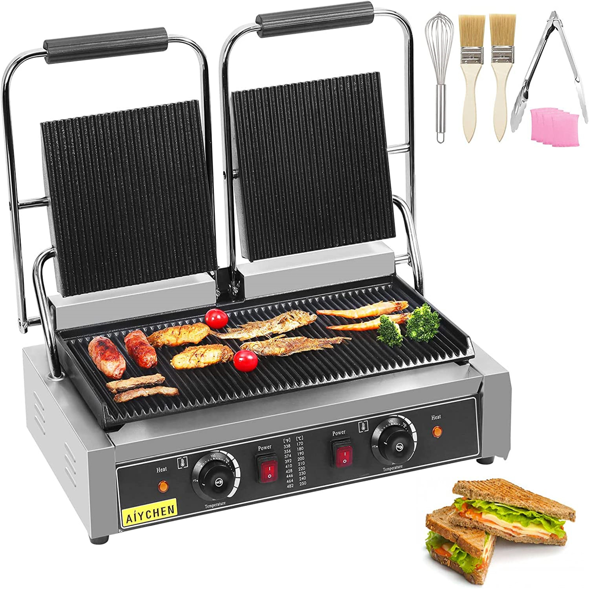 Commercial Sandwich Panini Press 2X1800W Temperature Control for