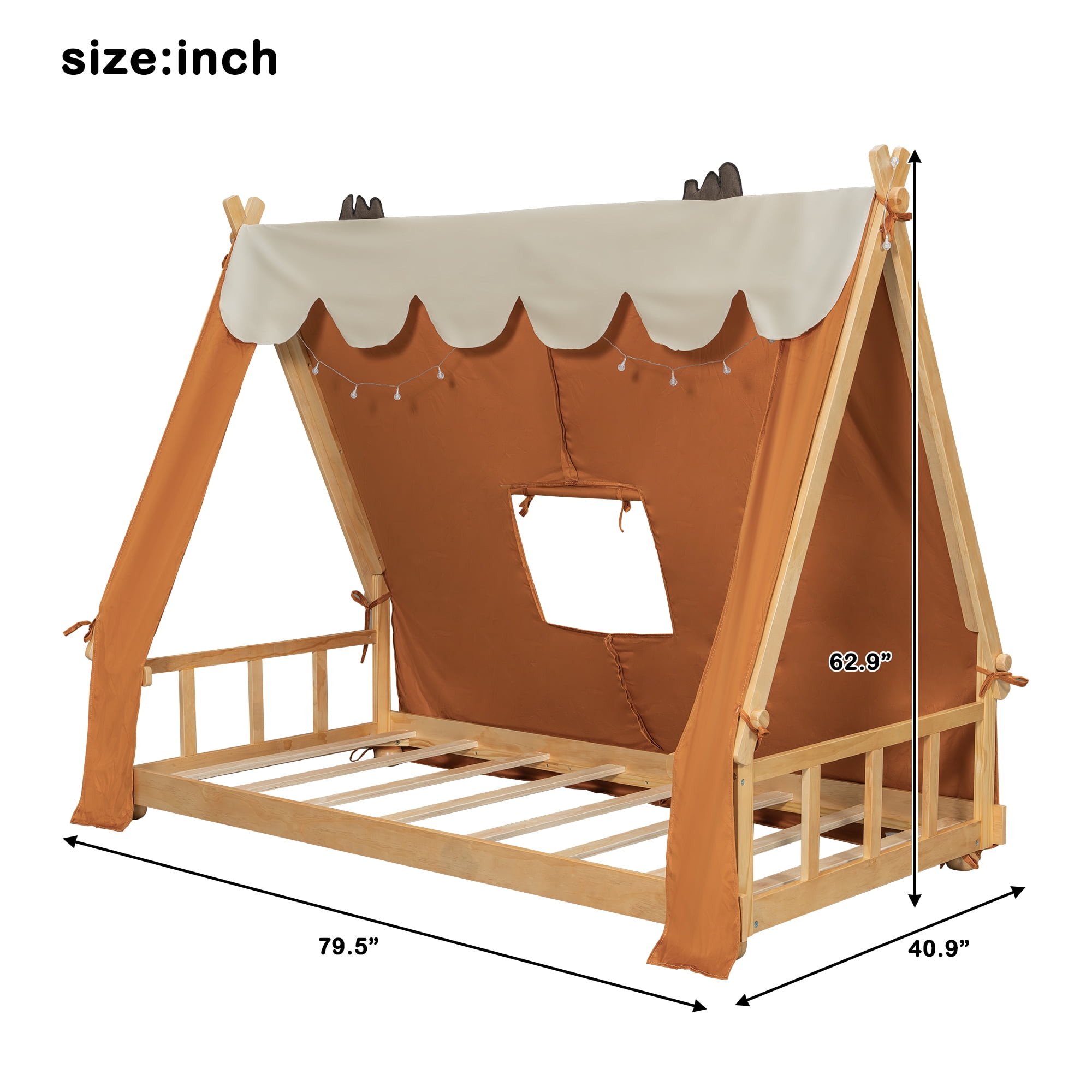 House Bed Twin Size, Wooden Floor Bed Frame with Detachable Tent and Skylight Light, MDF+LVL Construction for Kids Bedroom and Playroom, Brown