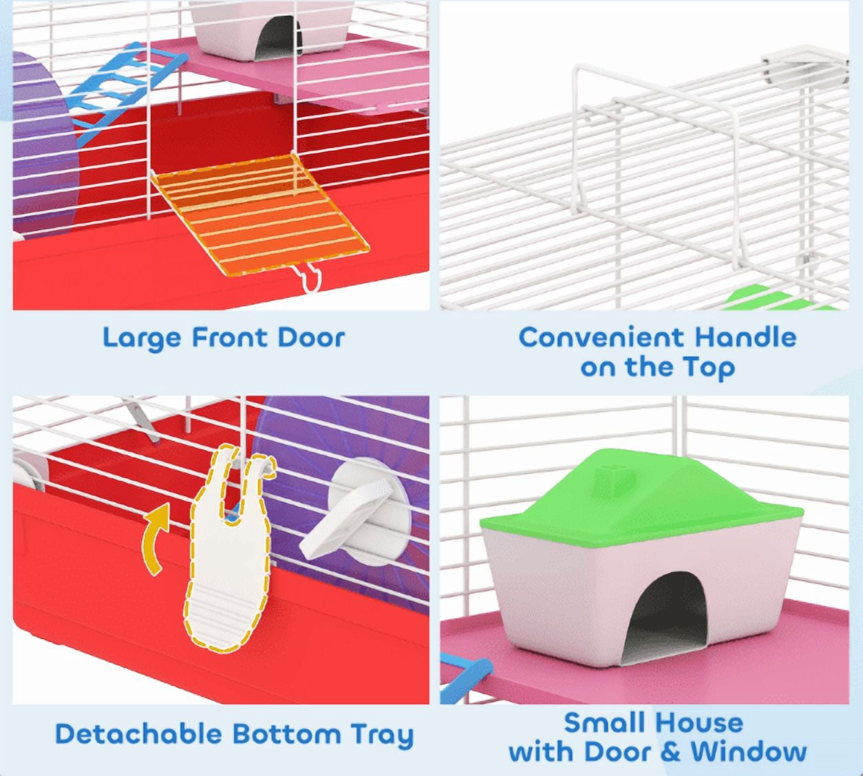 Hamster Cage 18.5", 2-Story Small Animal Habitat Kit - Wheel, Bottle, Dish, Rat House - Red