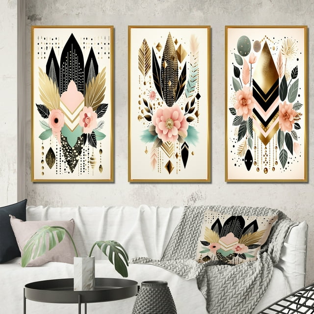 Designart "Illustration Rétro Florale Géométrique Boho Chic IV" Ensemble d'Art Mural Moderne Encadré Géométrique de 3 - Ensemble de Cadres Abstraits Roses pour Décoration de Bureau