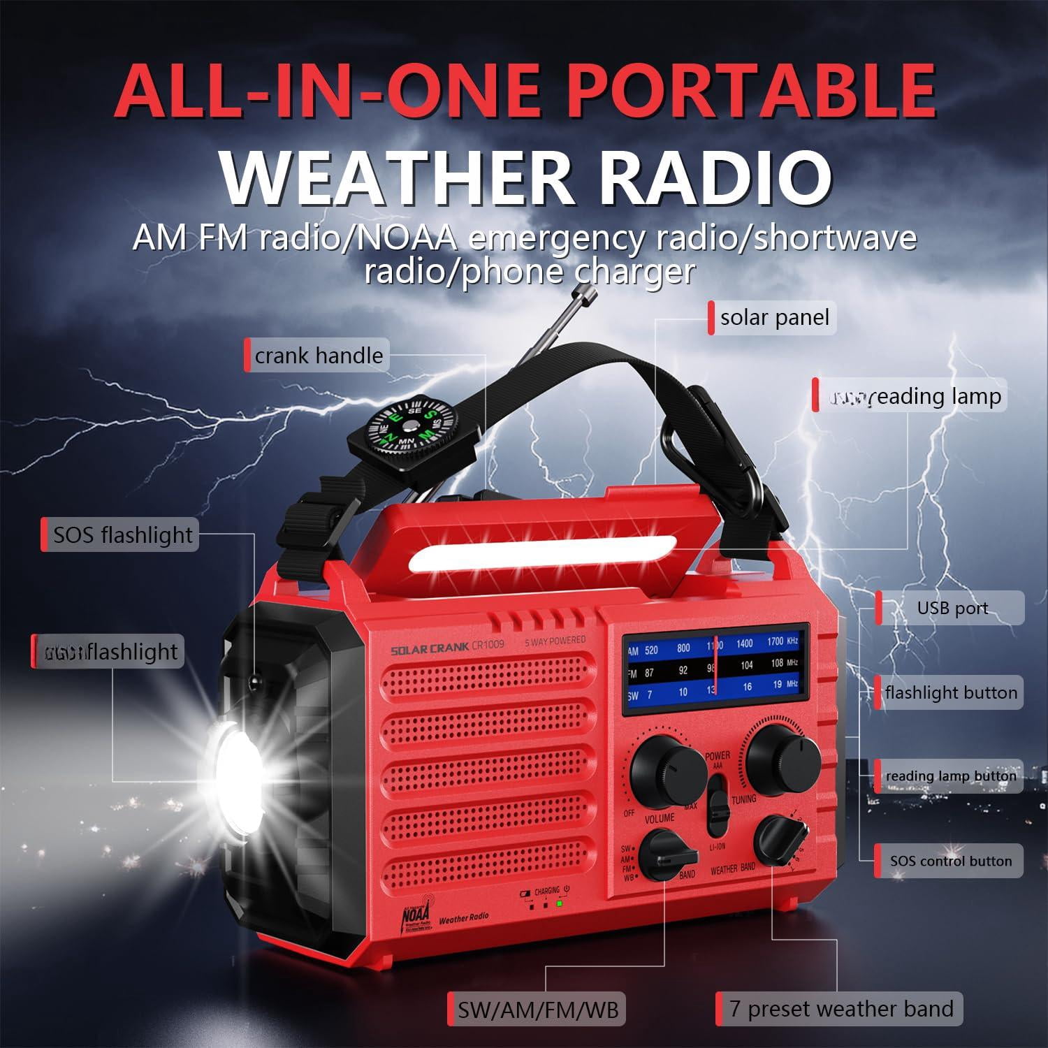Emergency Solar Hand Crank Radio  Am/fm/sw Noaa Weather Alert Flashlight Reading Lamp Sos Alarm For Home Outdoor Hurricane