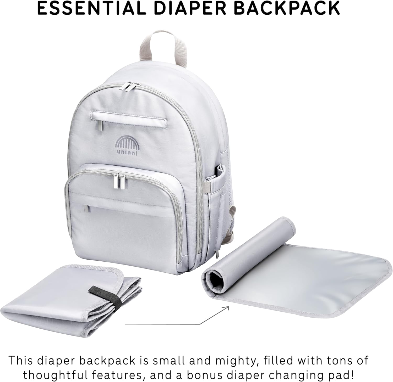 uninni Diaper Baby Bag Backpack for Moms and Dads with Baby Boys and Girls, Portable Changing Pad, Removable Pacifier Case - Grey, 15"