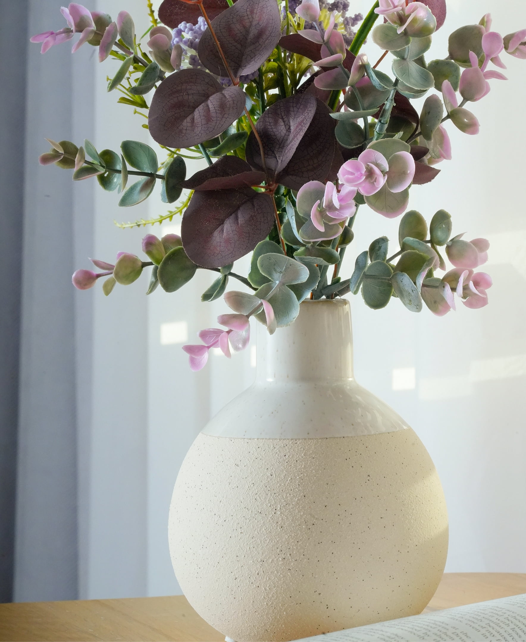 Home Decor Collection 14” Artificial Mixed Floral Arrangement in Sand White Ceramic Vase Made for Tabletops – 1.3 lbs
