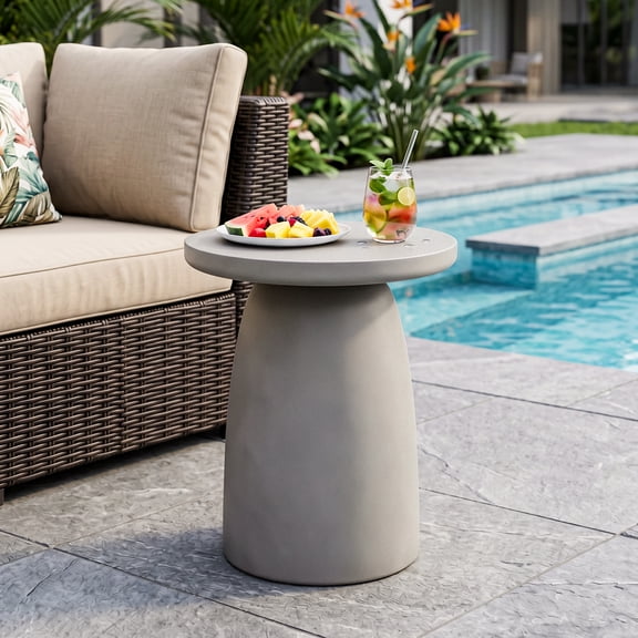 FOROUTIA 22 Inch Round MgO Outdoor Side Table, Concrete Look Accent End Table for Patio Living Room Balcony, Gray