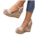 thumbnail image 3 of Bmisegm Ladies Retro Solid Colour Woven Linen Fish Mouth Large Size Slope Heel Wooden Bottom Thick Bottom Buckle Sandals Sandals Women Summer White 7.5, 3 of 9