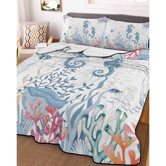 Coastal Seahorse King Size Down Alternative Comforter, Lightweight Comforter Quilt Bedding Set with Pillow Shams Summer Beach Nautical Ocean Coral All Seasons Bed Comforter Duvet Insert 96"x106"