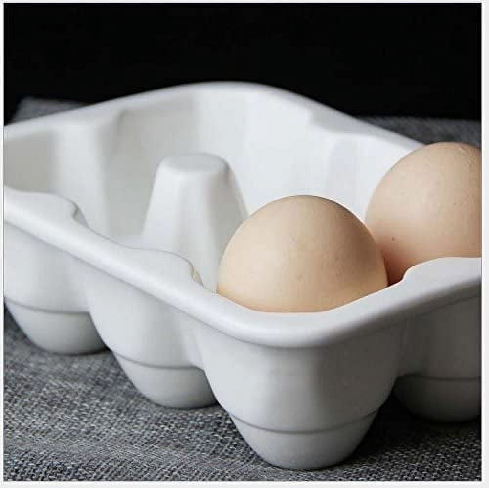 ABCISI 6 Cups Ceramic Egg Holder for Fridge, Egg Tray Holder, Pretty Egg Plate, Kitchen Restaurant Fridge Storage and Cookable Egg Porcelain Decorative Crate White-Heat Resistant