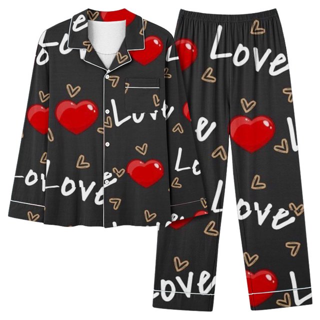 Amzcrzy Pyjamas de la Saint-Valentin pour Femmes Ensemble Mode Décontracté 2 Pcs Tenues de la Saint-Valentin Col à Revers Bouton Imprimé Manches Longues Hauts et Pantalons Ensembles de Vêtements de Nuit