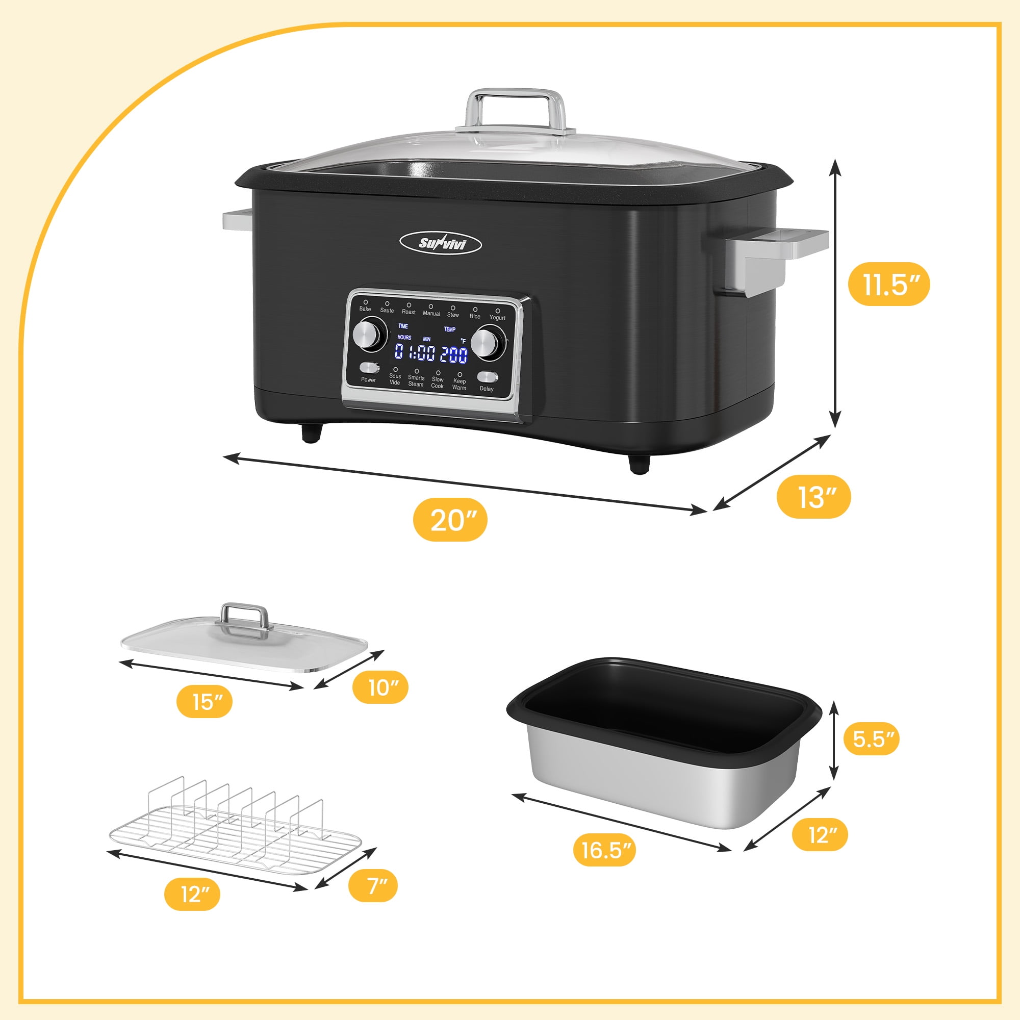 Sunvivi 8-Quart 12-in-1 Programmable Slow Cooker Roaster Oven, Multi-Cooker with Digital Timer, Adjustable Temperature, Removable Non-Stick Pot & Dishwasher-Safe Glass Lid, Black