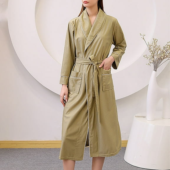 ylioge M-4X Plus Size Robes for Women Long Sleeve Quick-Drying Bathrobes Ladies Casual Solid Long Length Lapel Homewear Bathrobe with Pockets and Belt