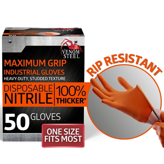 Venom Steel Maximum Grip Nitrile Gloves, 8 MIL Thick, Hi-Visibility Orange, 50 Count