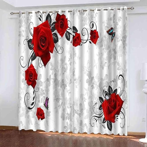 Vintage Red Rose Blackout Curtains, European Romantic Floral Art 2 Panels Window Curtains, 3D Printed Noise Reducing Grommet Drapes For Living Room Bedroom Kitchen Cafe 26"W x 45"L (Pack of 2)