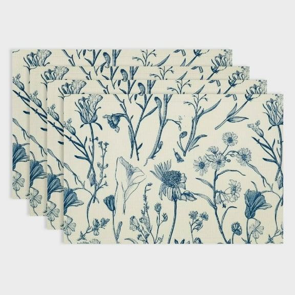 BCIIG Spring Blue Floral Placemats Set of 4,  Navy Blue Wildflowers Table Mat Waterproof Washable for Seasonal Holiday Party Home Kitchen Dining Decor 18x12in