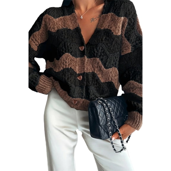 SHEWIN Womens Sweaters Striped Color Block Chunky Cardigans Button Down Long Sleeve V Neck Loose Knit Fall Sweater Coats Fashion