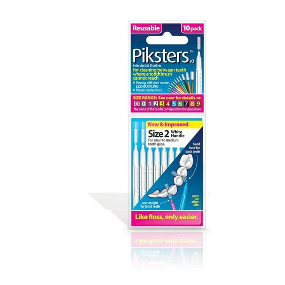 Piksters 10 pack Interdental Brushes Size 2 White Reusable for cleaning between teeth