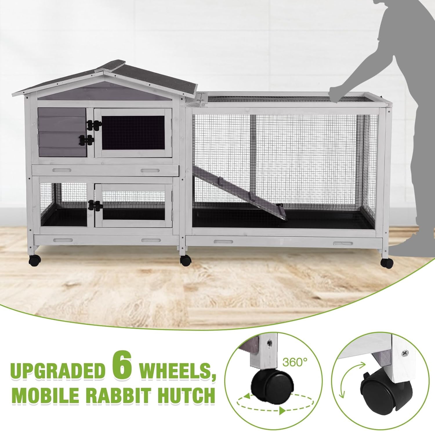 Aivituvin 2-Story Rabbit Hutch Indoor Large Bunny Cage with Chew-Proof Ramp - Wooden Rabbit Cage Outdoor with 6 Lockable Caster Wheels & Dual Pull-Out Trays for Rabbits, 62"L x 22.6"W x 33.5"H (Grey)