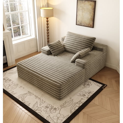Oversized Chaise Lounge Chair Indoor, Plush Boneless Cloud Couch with Side Pockets & Cup Holders, Comfy Corduroy Sleeper Couch with Removable Pillows for Living Room,Camel