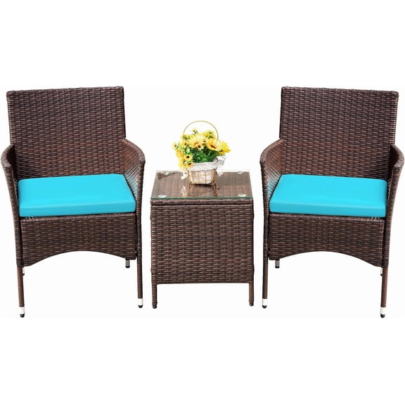 3-Piece Outdoor Furniture Set,PE Rattan Wicker Furniture,2 Chairs, Soft Cushions, Glass Coffee Table,All-Weather Patio Set for Garden,Backyard,Porch,Poolside