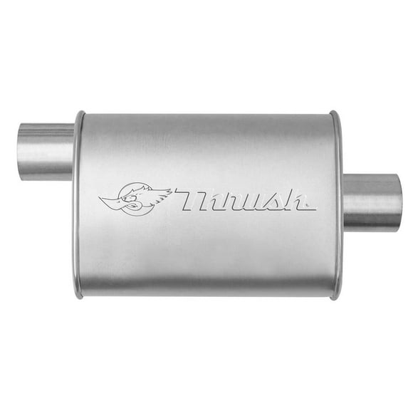 Dynomax Exhaust Muffler 17635 Hush Thrush; 9-3/4 Inch Length X 4-1/4 Inch Natural Steel Case; 3 Inch Offset Inlet; 3 Inch Center Outlet; 14 Inch Case Length/20 Inch Overall Length