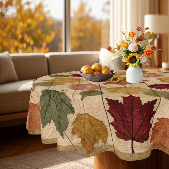 Watercolor Fall Maple Leaf Print Round Tablecloth, Farmhouse Homestay Autumn Harvest Dining Decor, Thanksgiving Christmas Gift