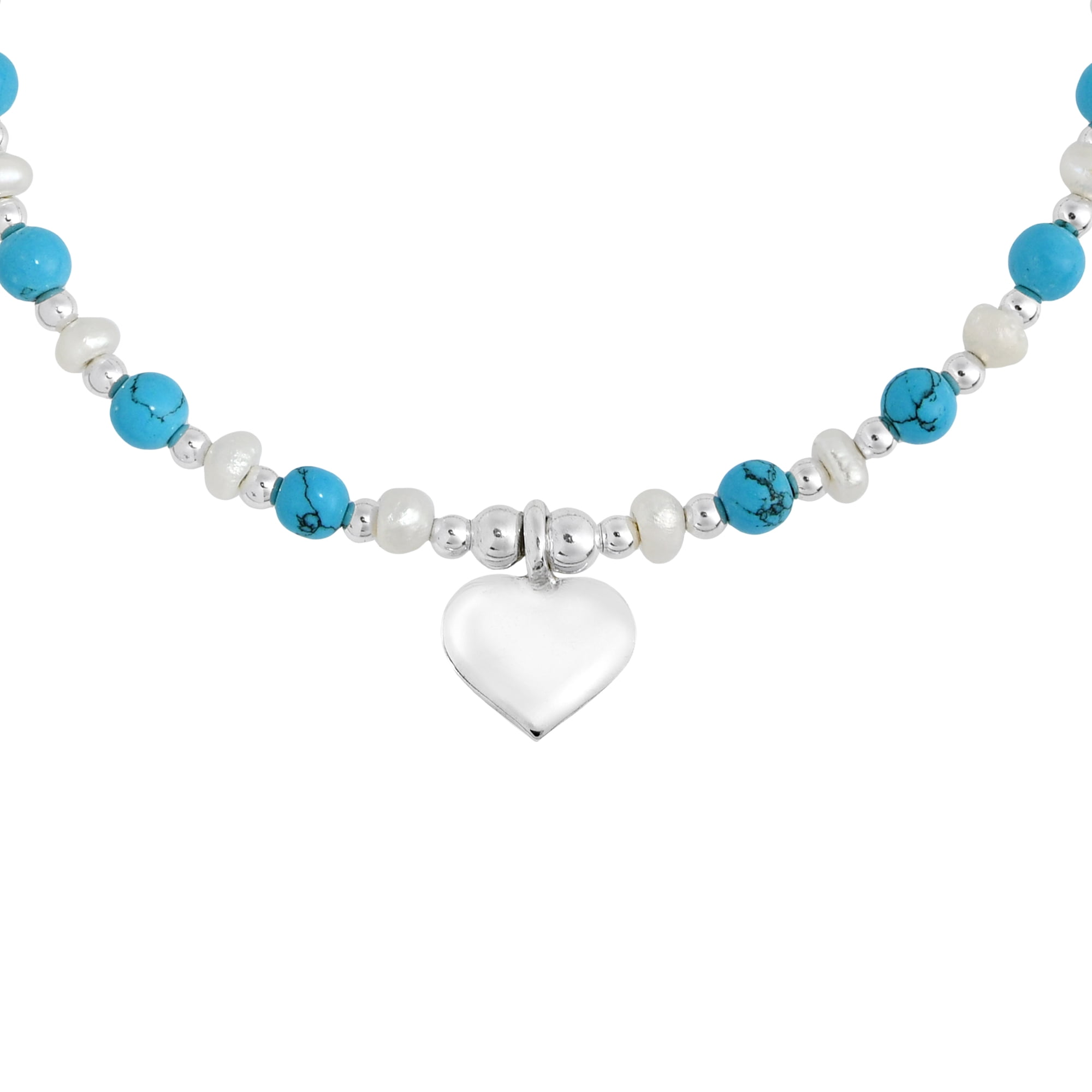 Sweet Heart Charm Blue Turquoise and Freshwater Pearl Sterling Silver Bracelet
