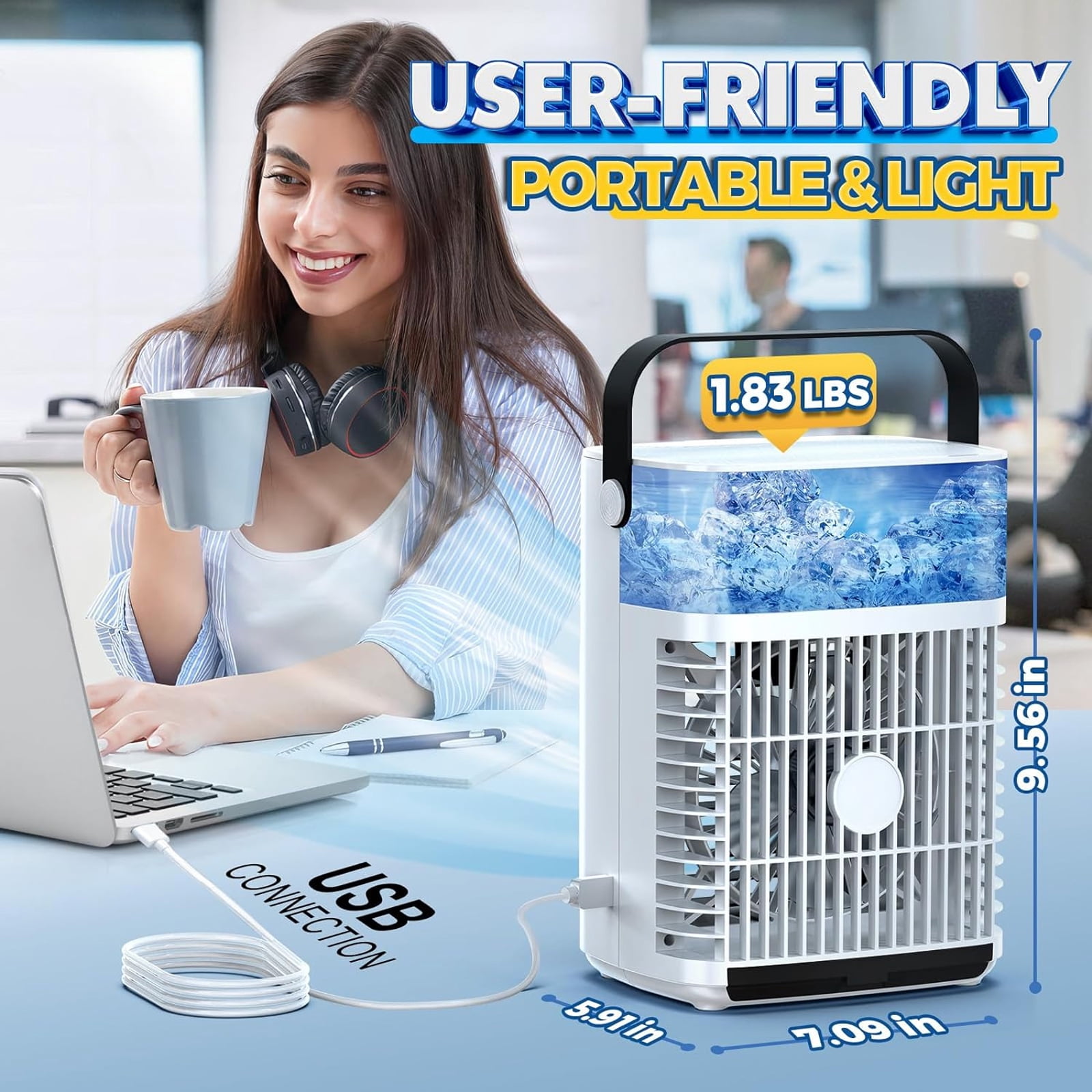 Mini Portable Air Conditioner, Evaporative Air Cooler,Personal Air Cooling Fan and Humidifier with 3 Speeds 7 Colors for Room & Office Desk Outdoors Travel, White