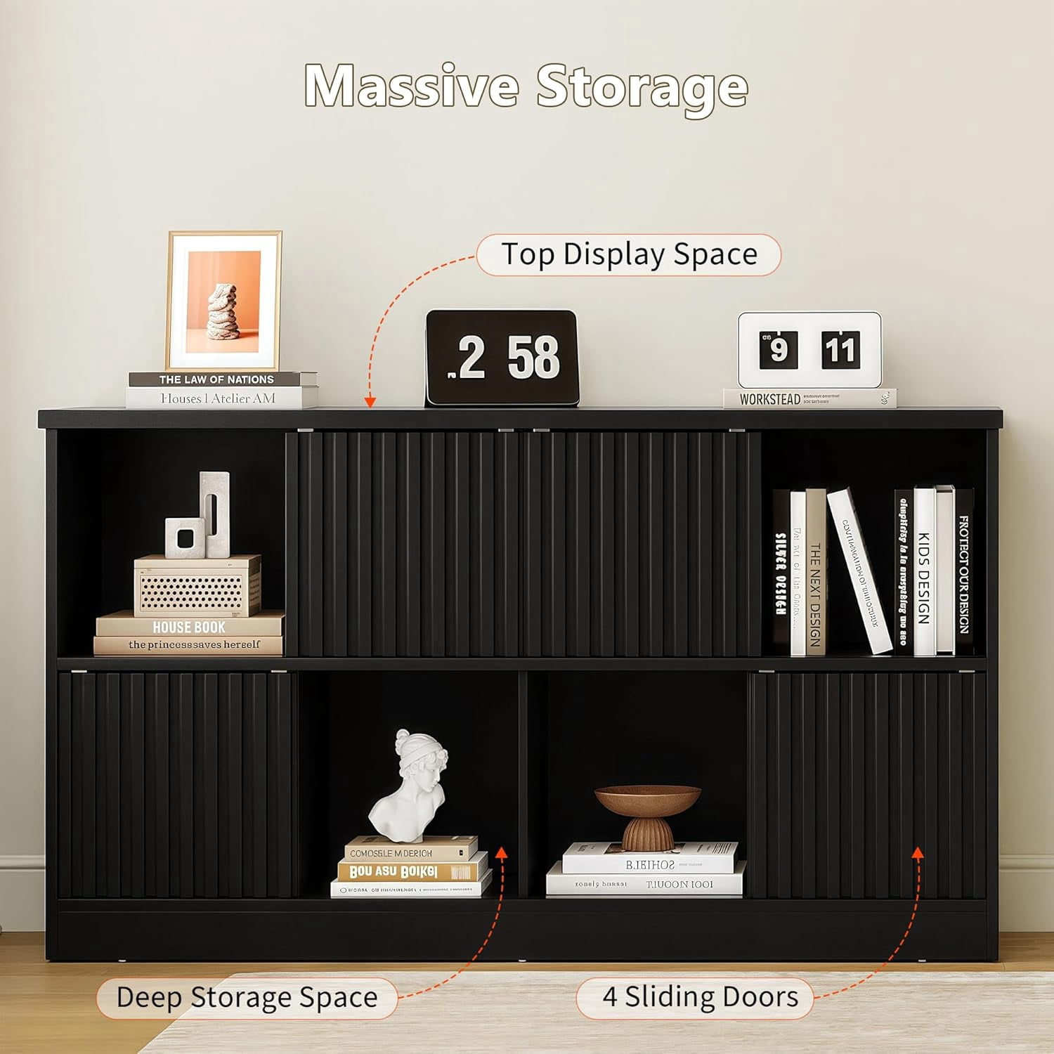 iPormis 8 Cube Bookcase Storage Organizer - 4 Fluted Sliding Doors, 2-Tier Wooden Bookshelf, 47.2" Freestanding Bookcase Shelf for Home/Office,Black