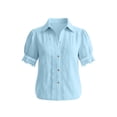 thumbnail image 7 of Mifsaly Button Down Shirts Women Crochet Lace Trim Elegant Business Casual Tops Short Sleeve V Neck Collar Blouses for Work office Summer Vacation Outfits Light Blue,L, 7 of 7