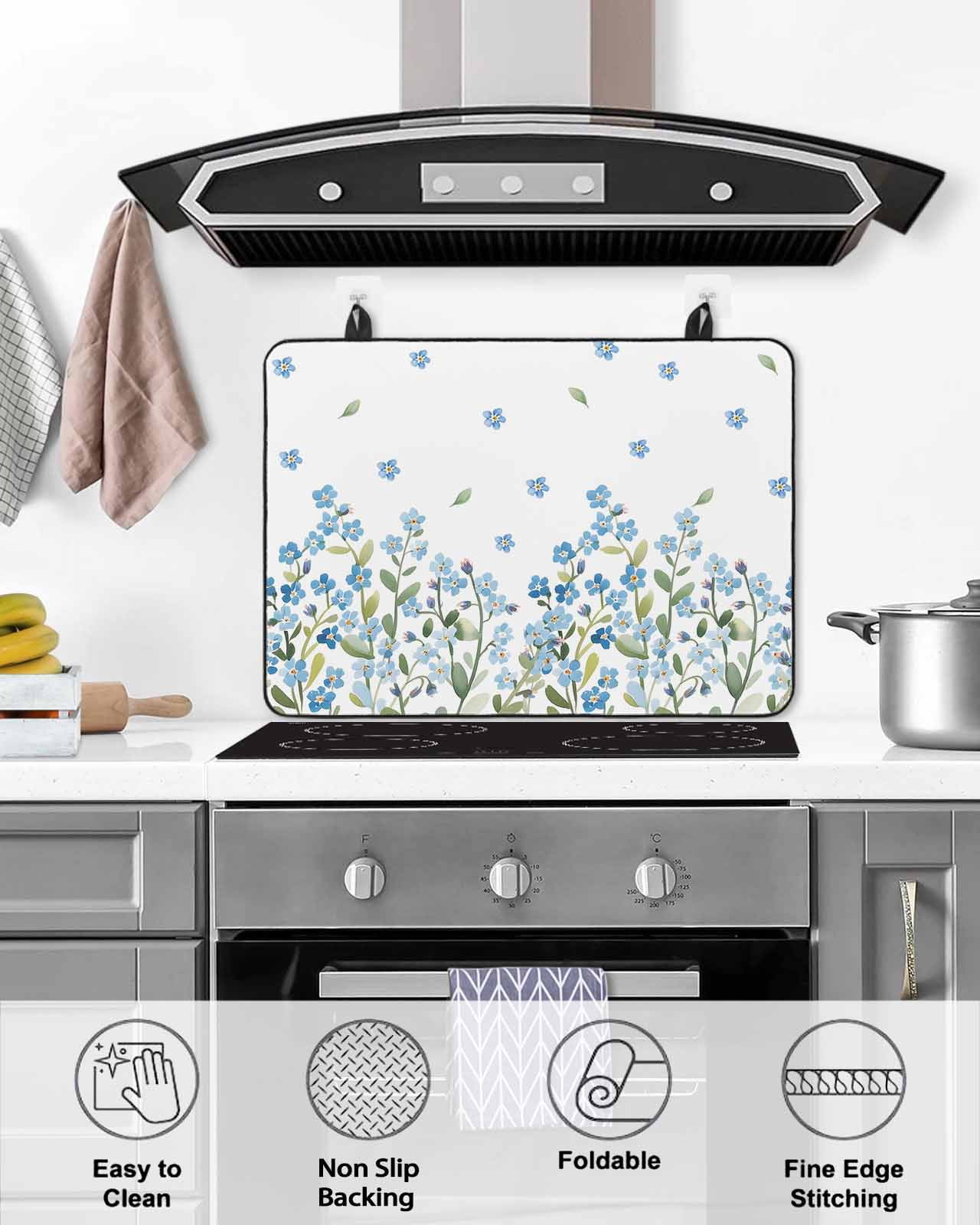 Large Induction Cooktop Protector Mat Spring Blue Flowers Stove Top Covers for Electric Stove, Leaves Country Plants Farmhouse Decorative Stove Burner Cover Mats, Glass Top Stove Cover